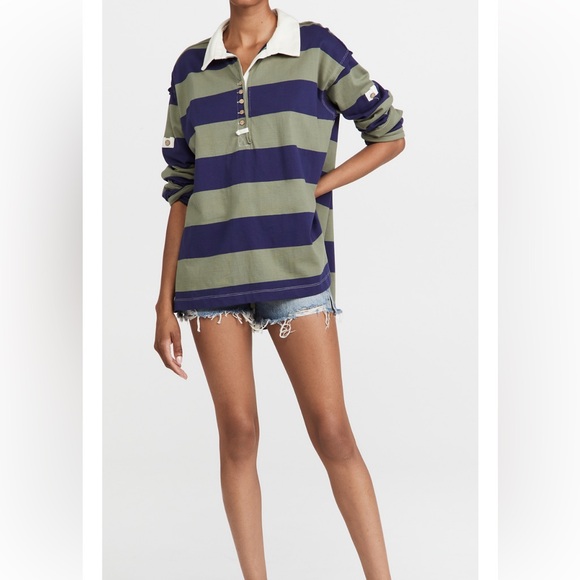 Free People Peyton Striped Henley Long Sleeve Tee Shirt Blue Green oversized XS - Picture 1 of 8